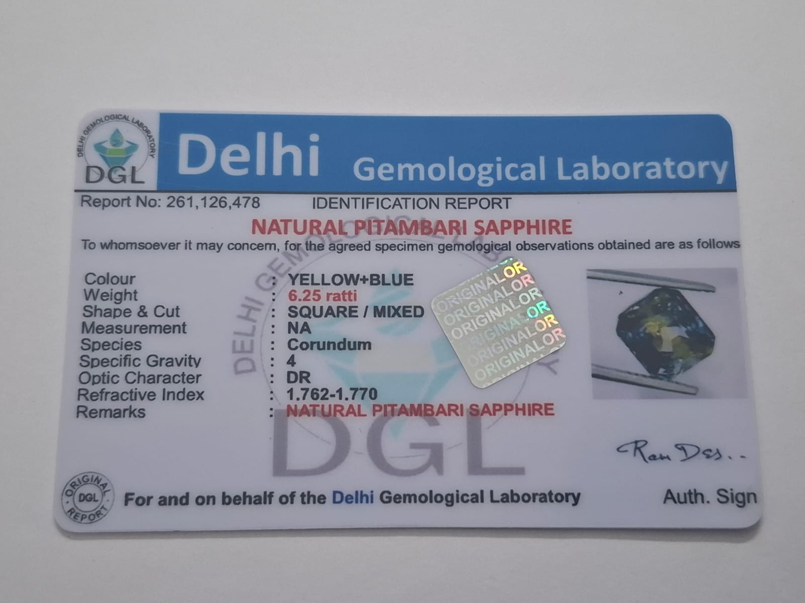 6.25 Ratti Pitamabi neelam certificate