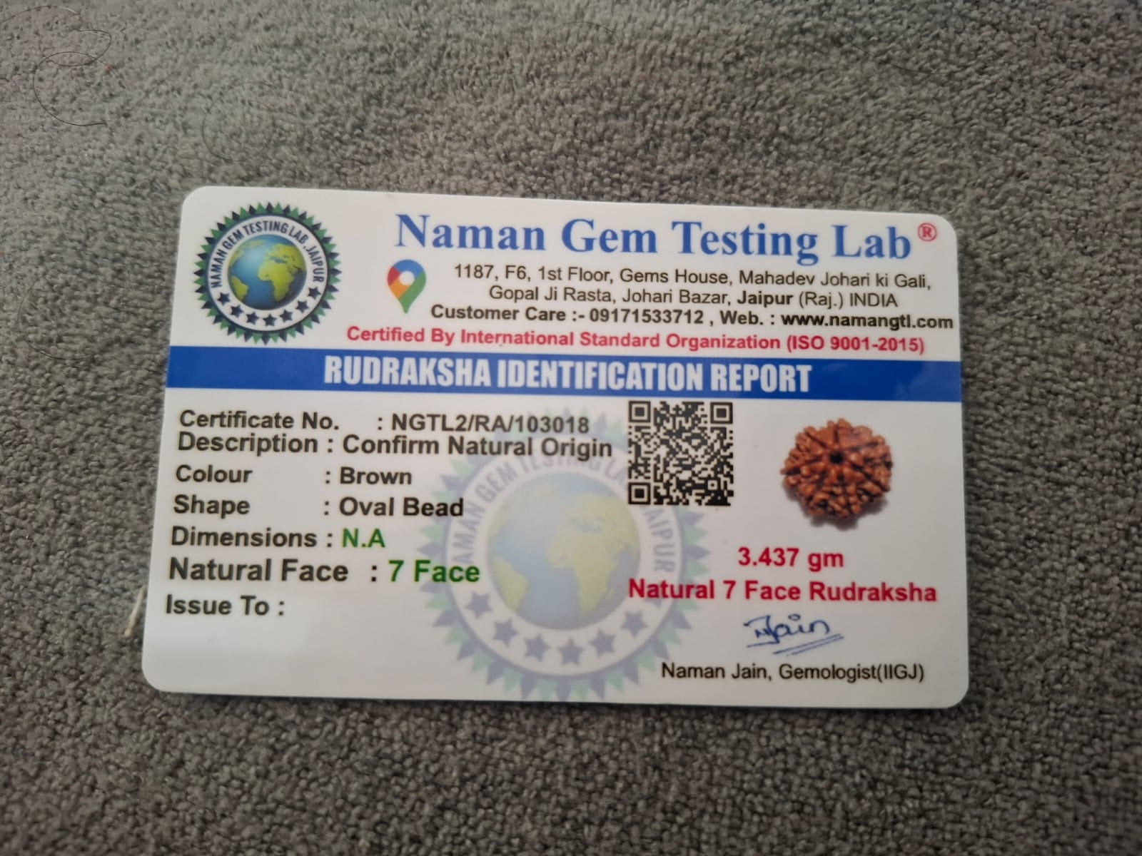 7 Mukhi Rudraksha Certificate