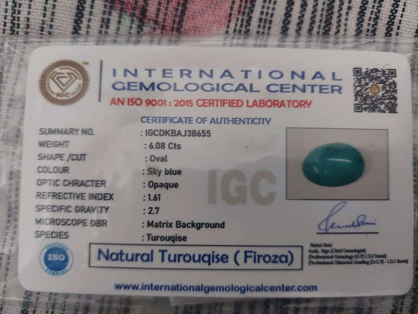 Feroza certificate | 6 carat