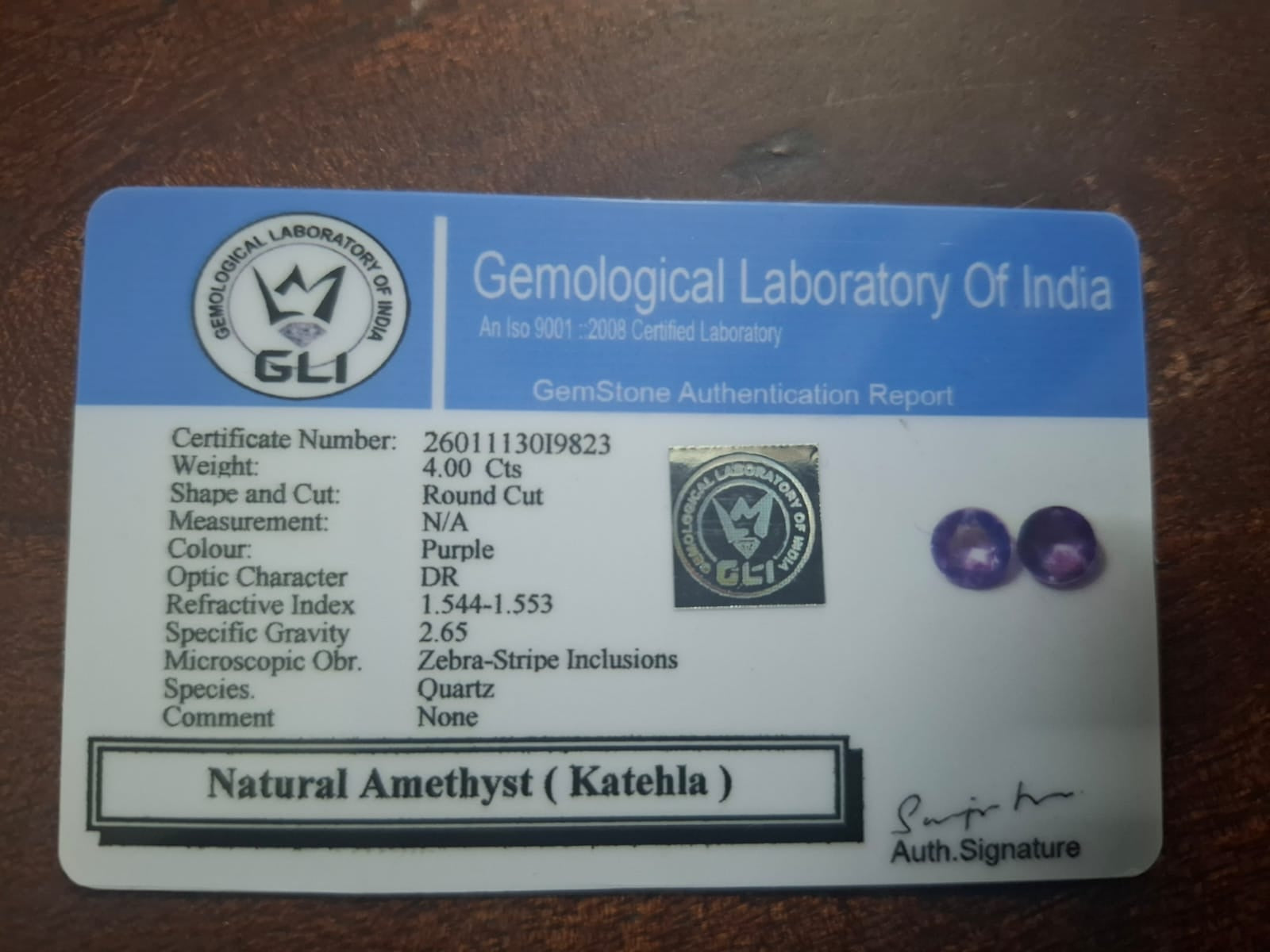 Amethyst Earrings Certificate