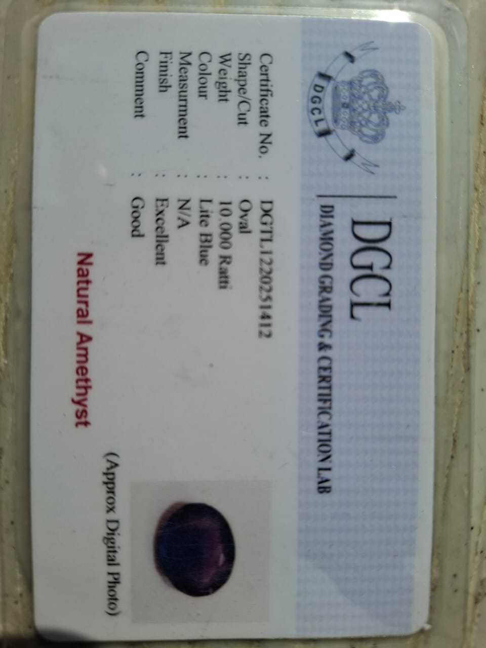 Amethyst certificate- 10 ratti