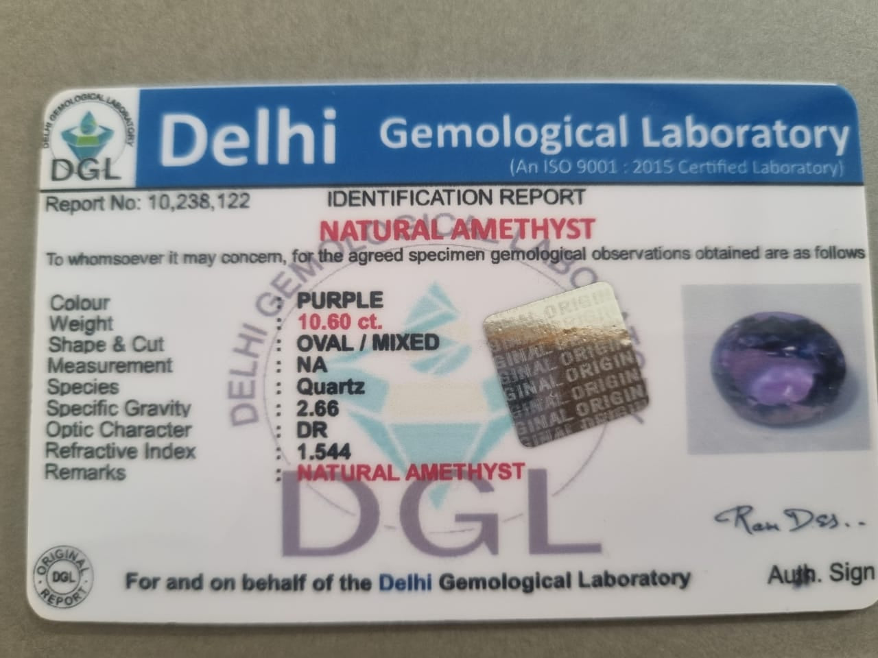 Amethyst certificate | 10.5 ct