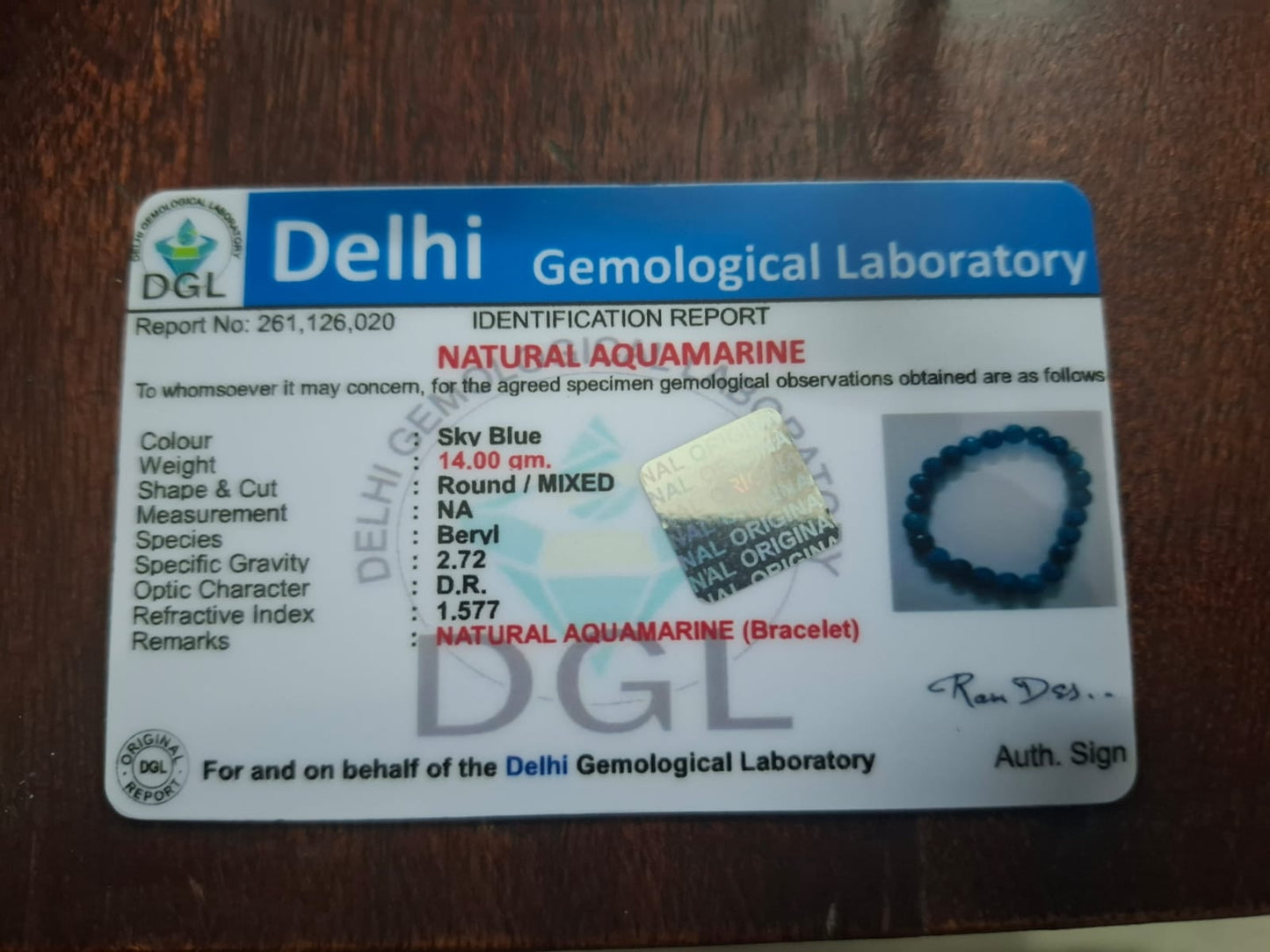 Aquamarine Bracelet Certificate