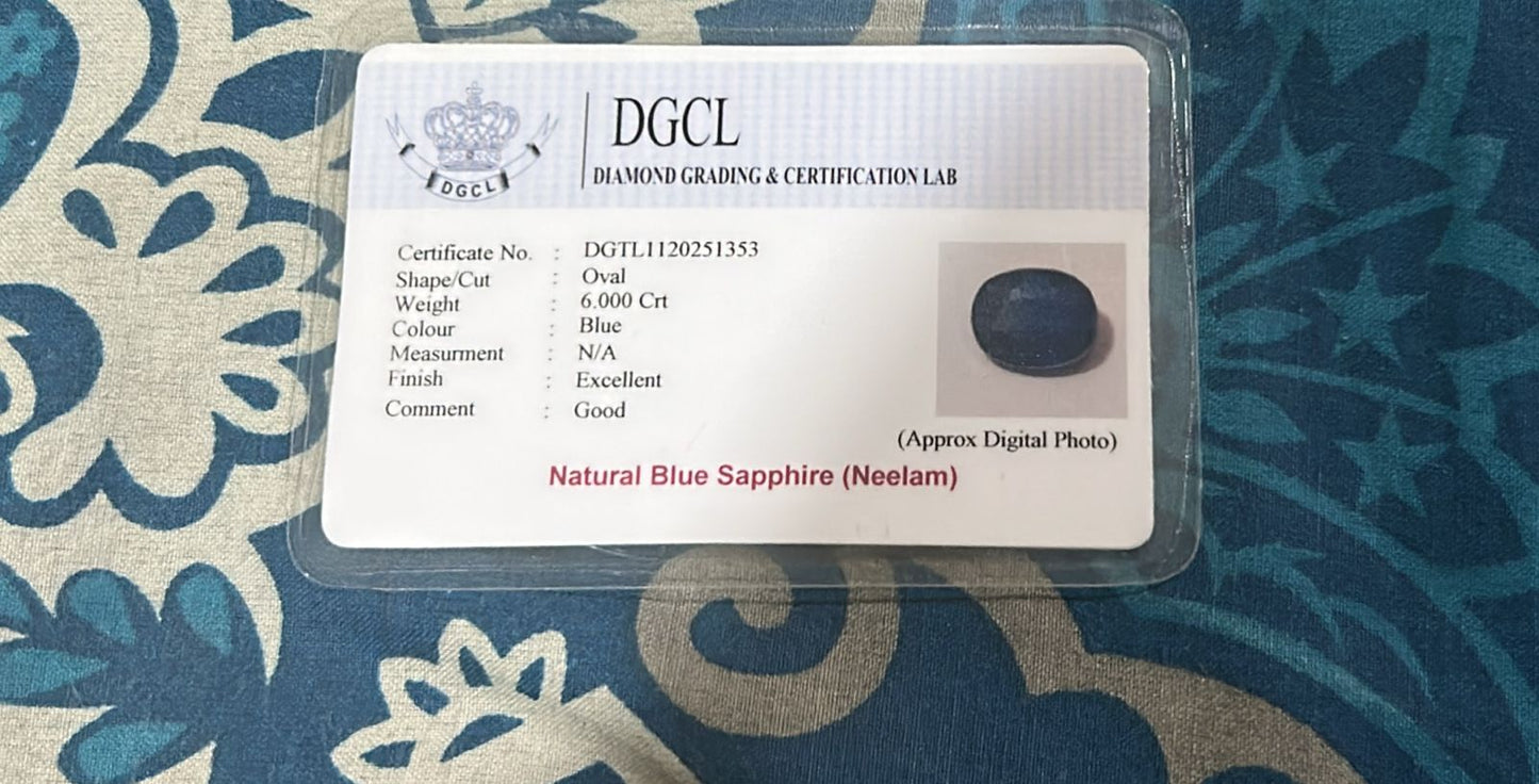 Blue sapphire certificate 6 carat
