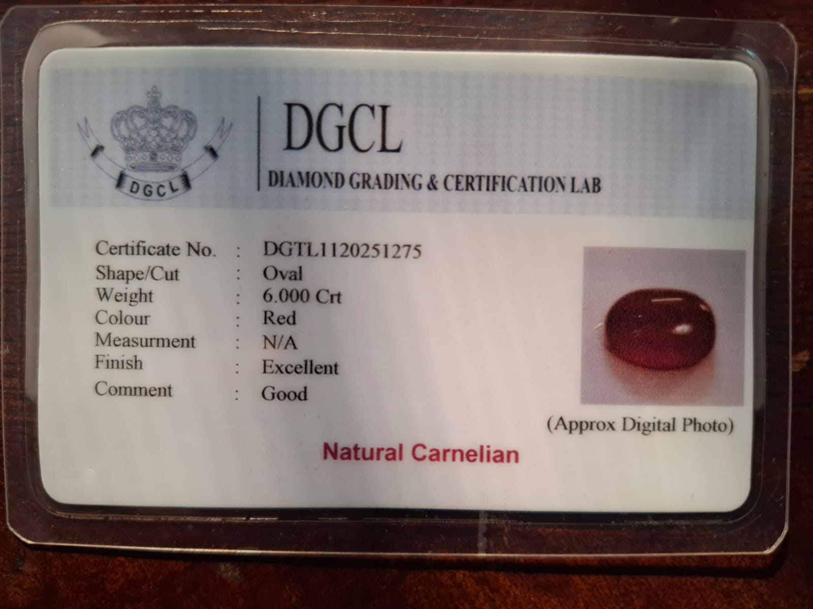 Carnelian certificate - 6 carat