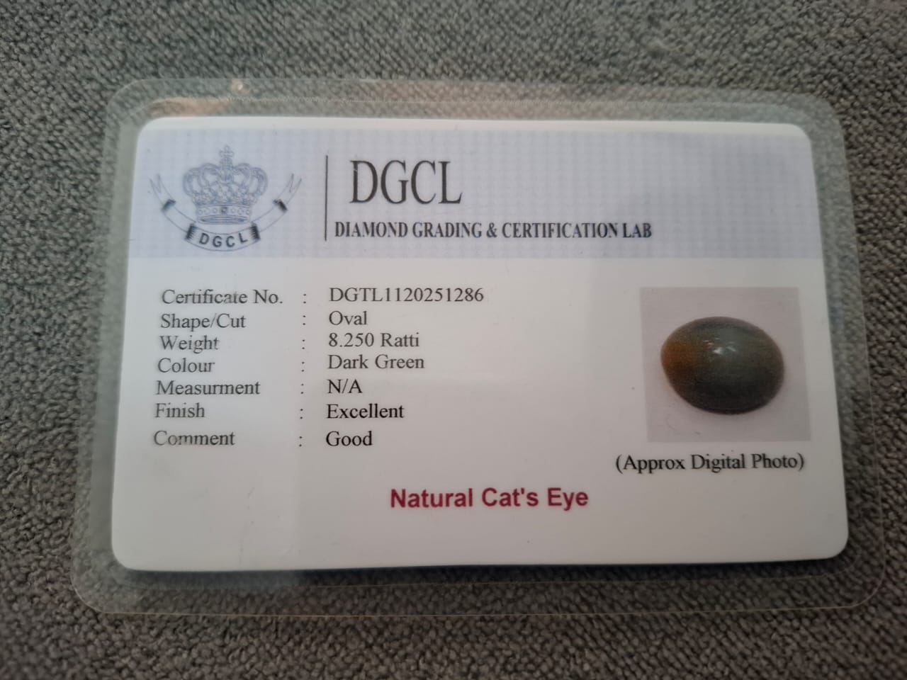 Cats eye certificate 8.25 ratti