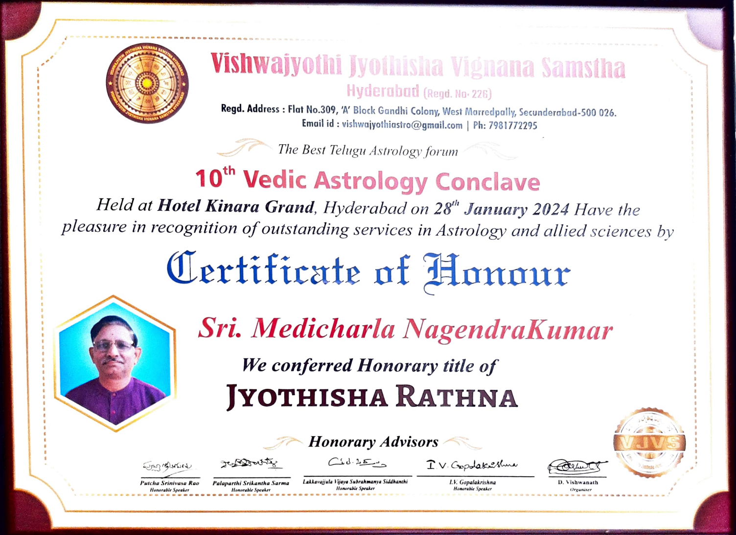 Certificate Astrology  M. Nagendra Kumar | Andhra Pradesh