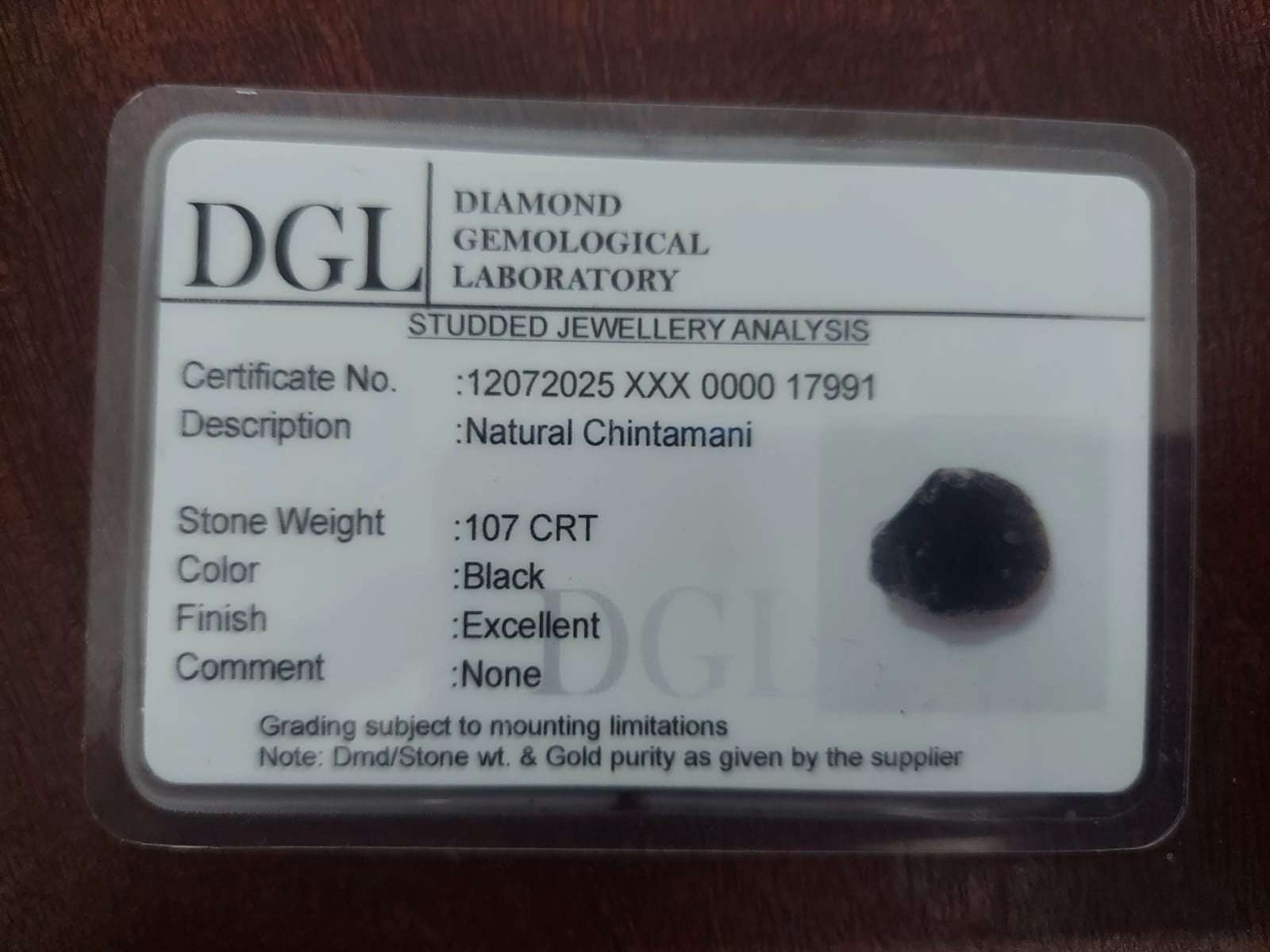 Chintamani Certificate | 107 Carat