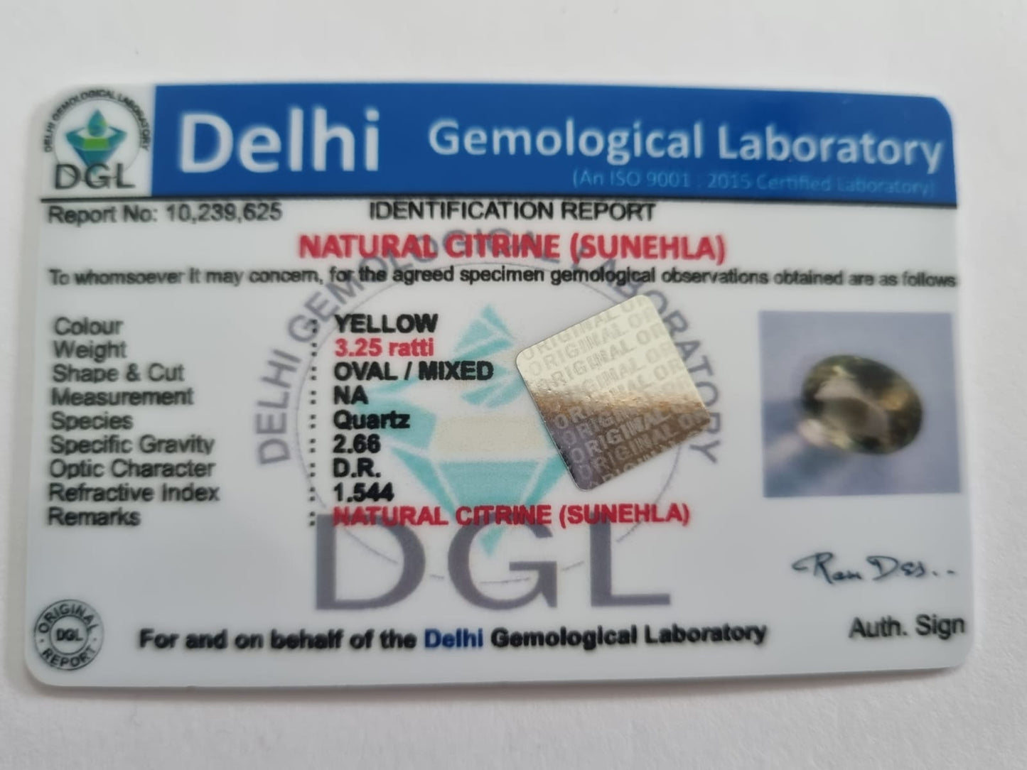 Citrine Certificate | 3.25 Ratti