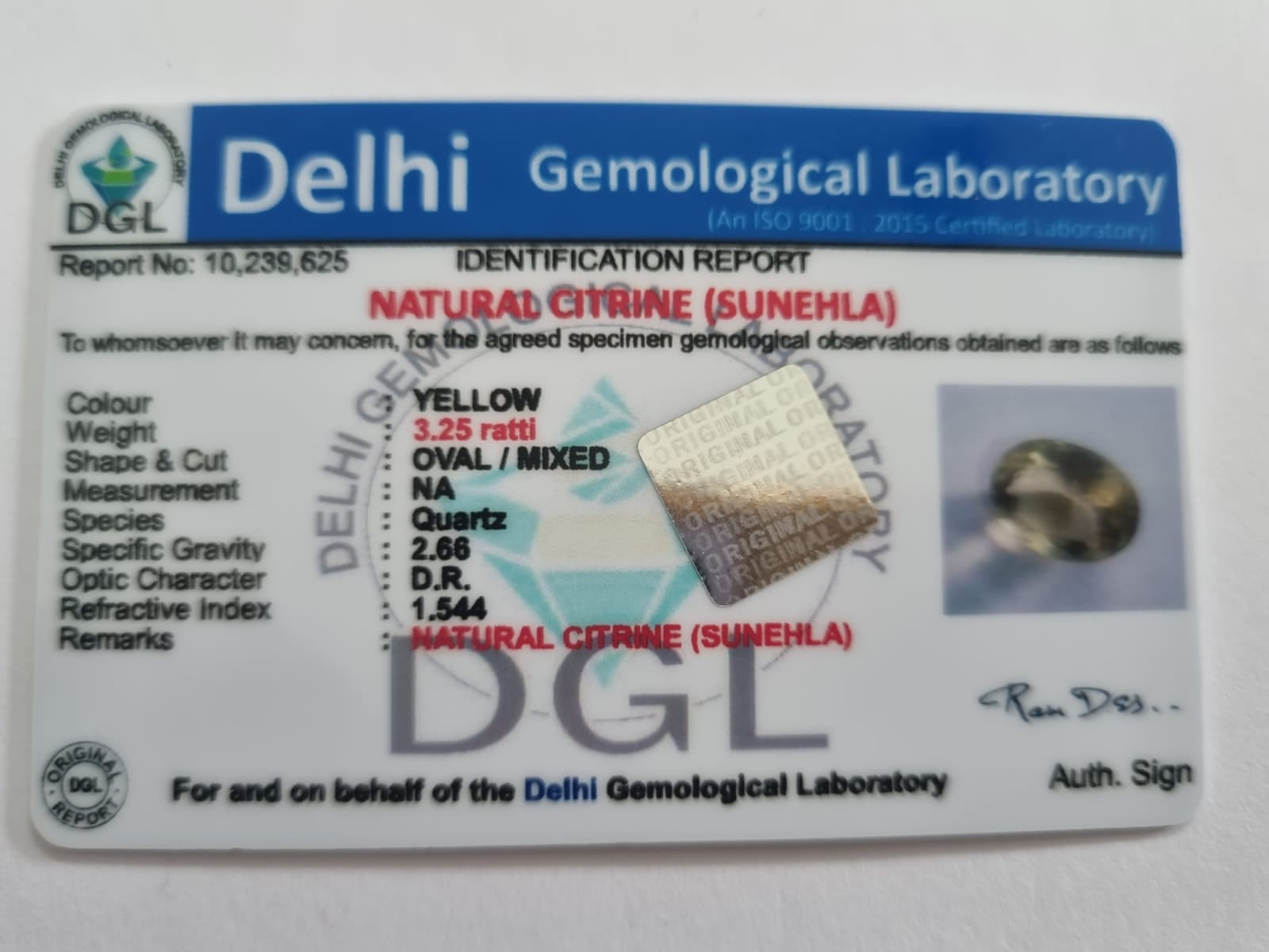 Citrine Certificate | 3.25 Ratti