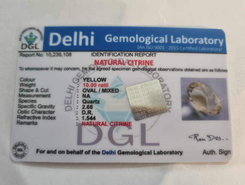 Citrine certificate | 10 ratti