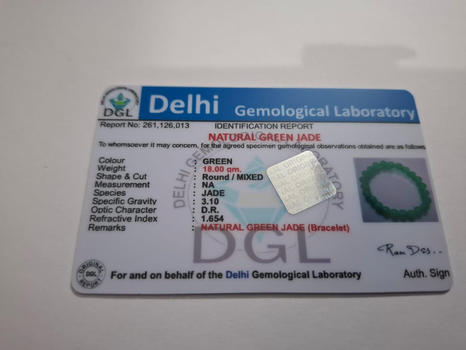 Green Jade Bracelet Certificate