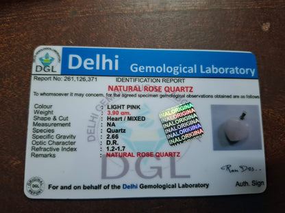 Heart Shaped Rose Quartz Pendant Certificate