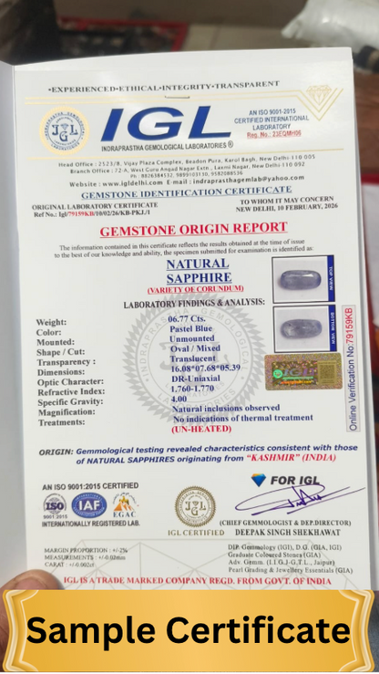 Natural 5 Ratti Kashmir Blue Sapphire Neelam Stone with Lab Certificate