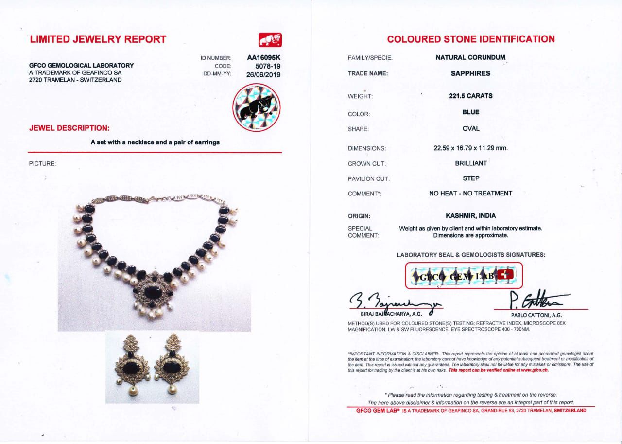 Kashmir Neelam Necklace certificate