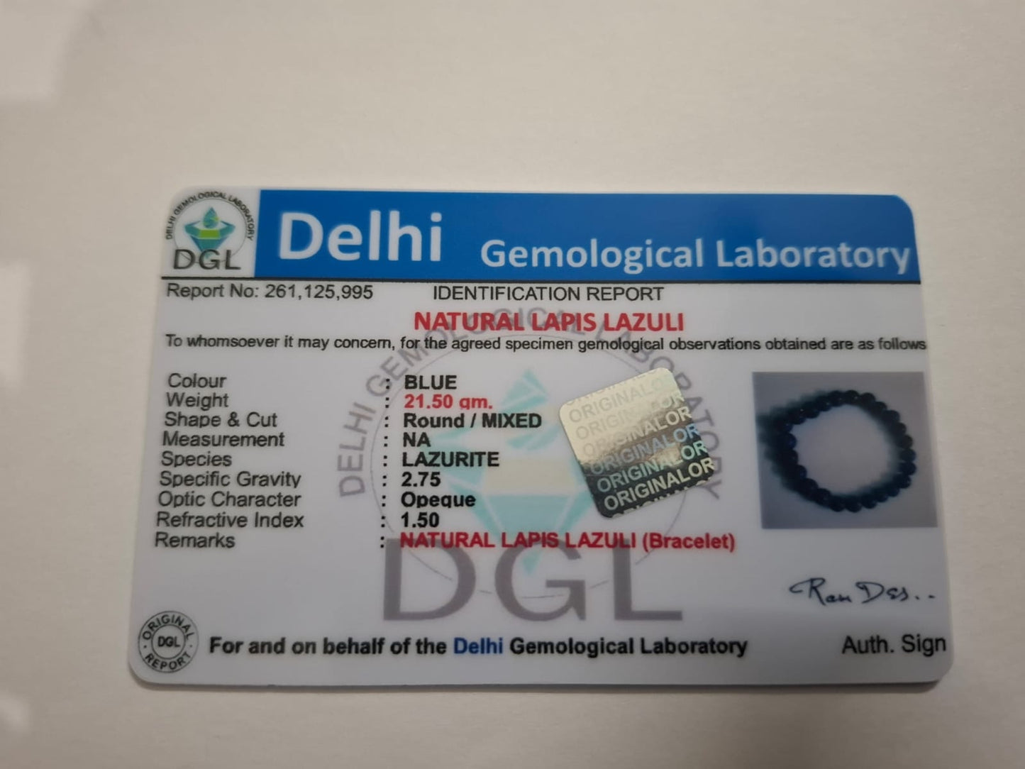 Lapis Lazuli Bracelet Certificate