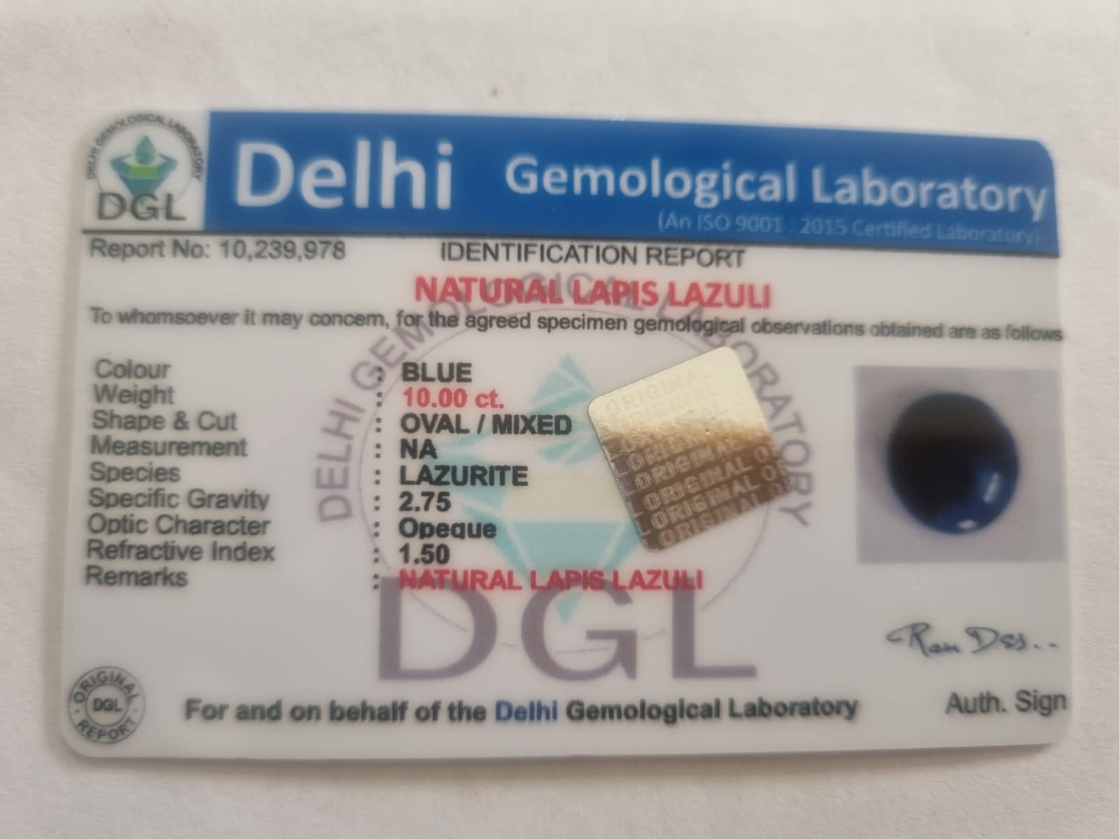 Lapis Lazuli Certificate | 10 carat