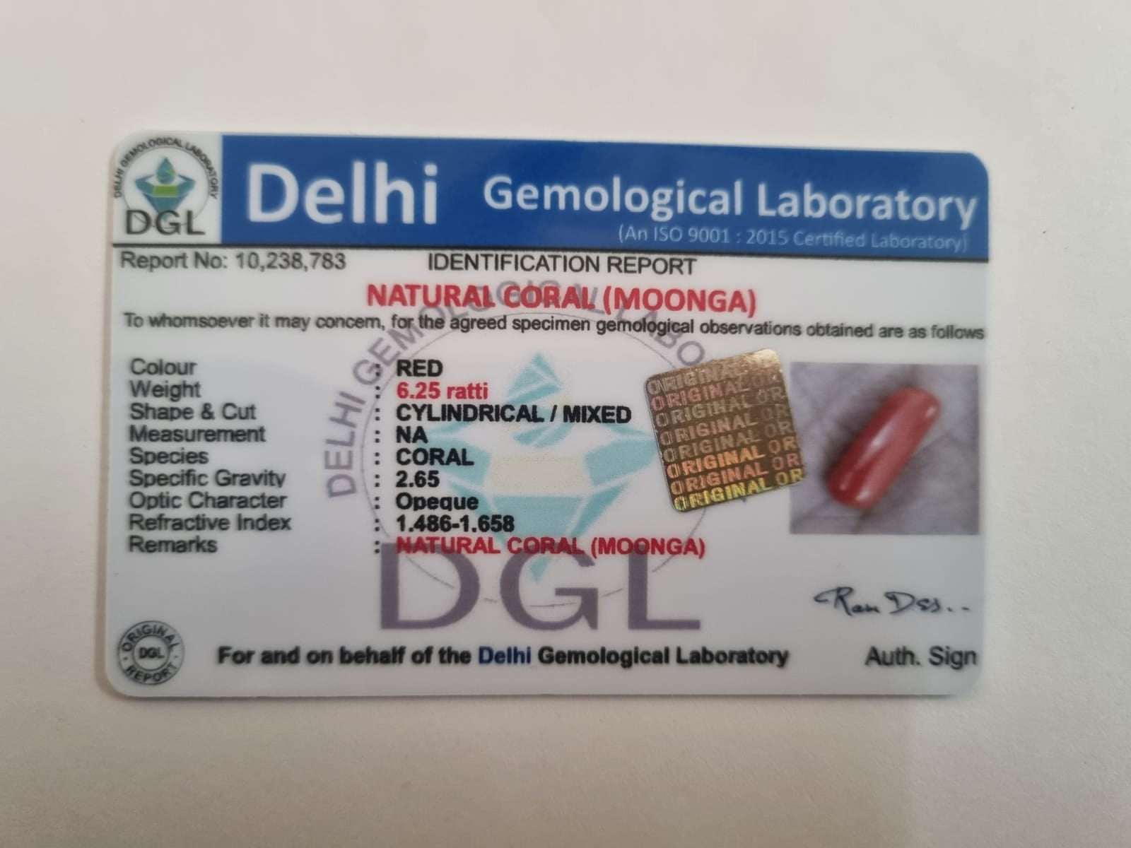Moonga certificate | 6.25 ratti