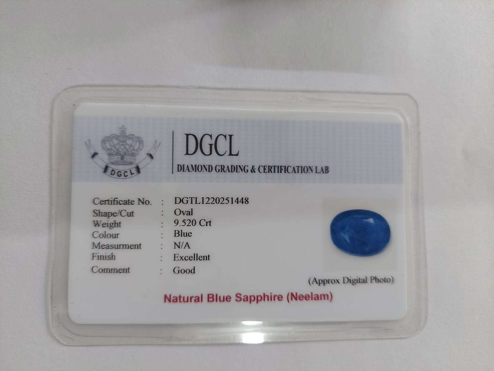 Natural 9.5 Carat Ceylon Blue Sapphire Neelam Stone with Lab Certificate