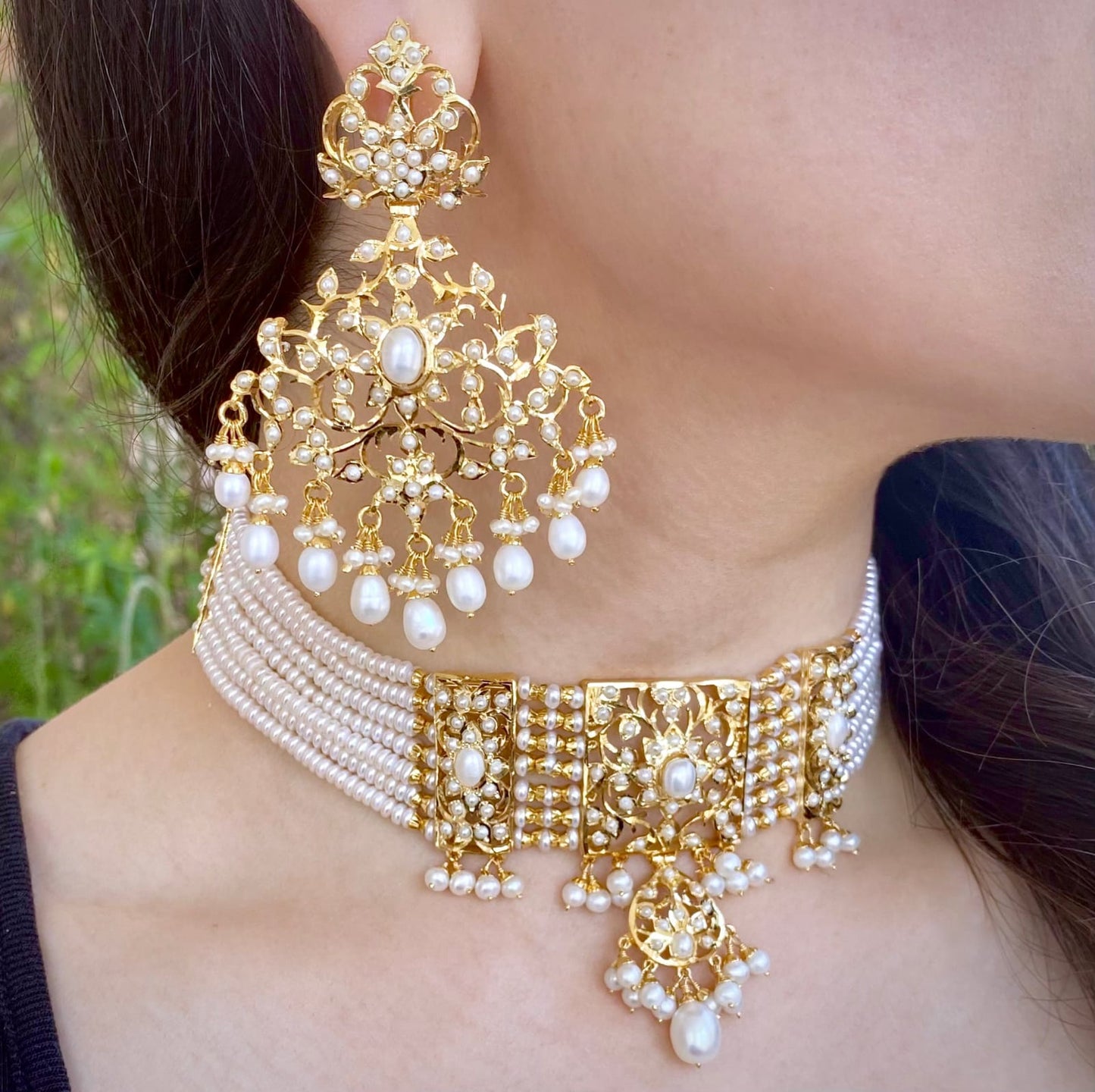 Pearl and Gold Necklace and Earrings