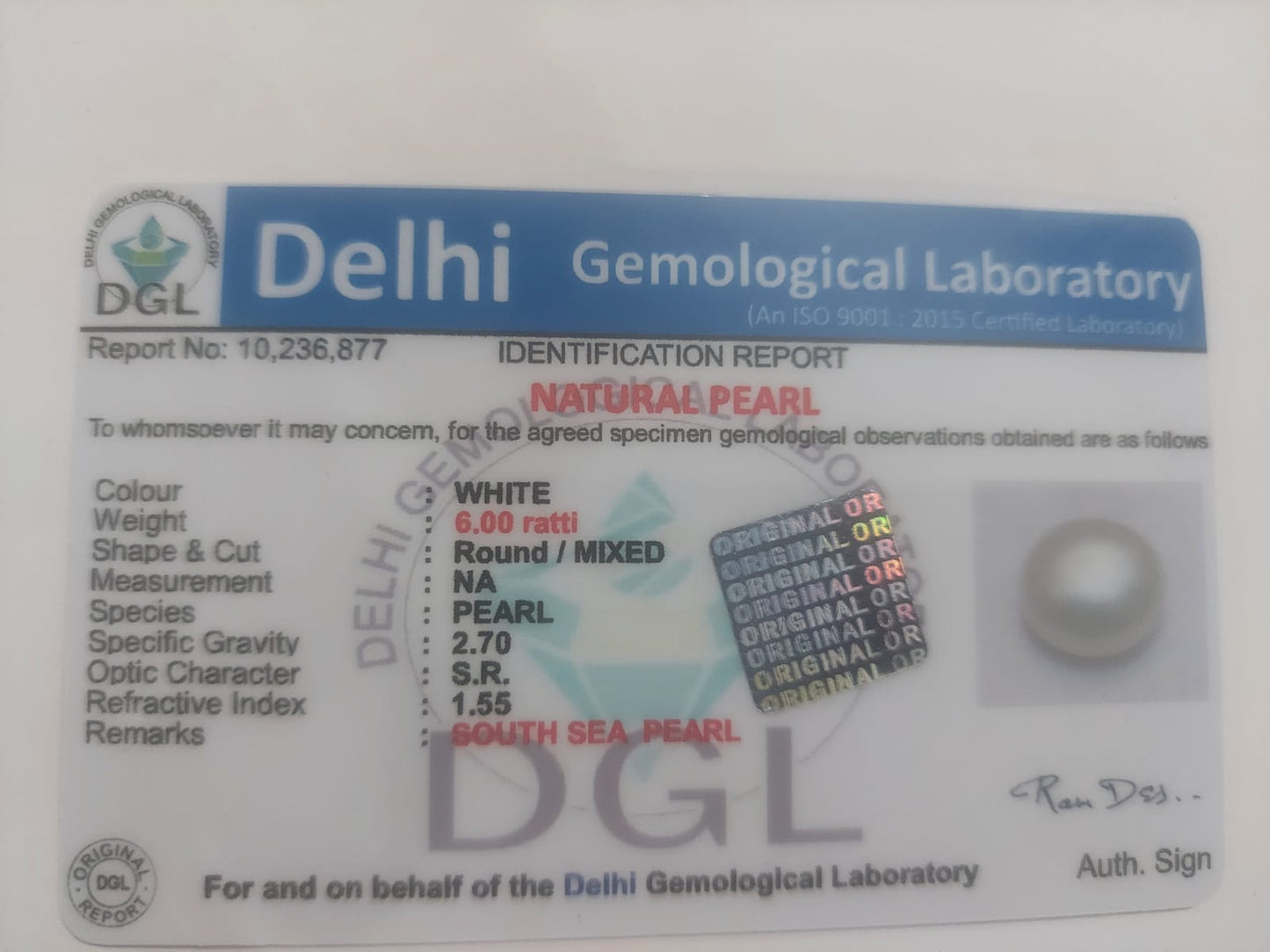 Pearl certificate | 6 ratti