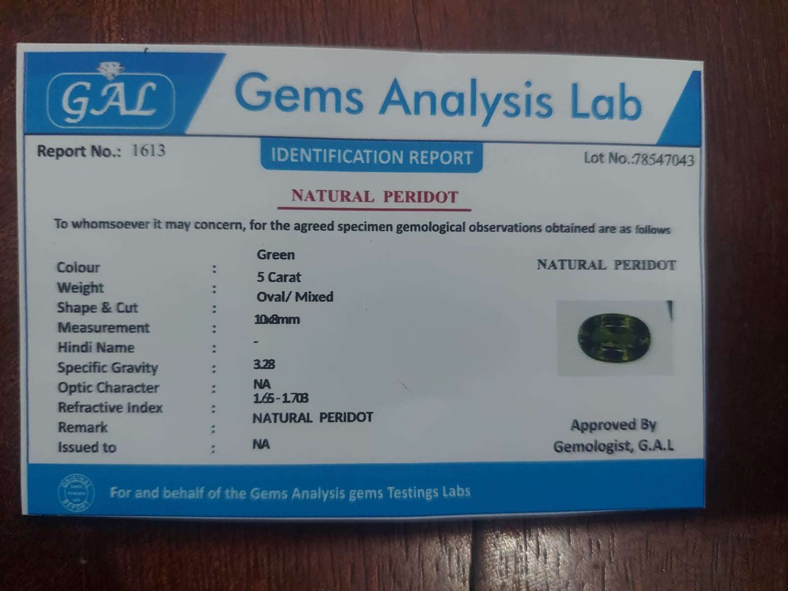 Peridot Certificate | 5 carat