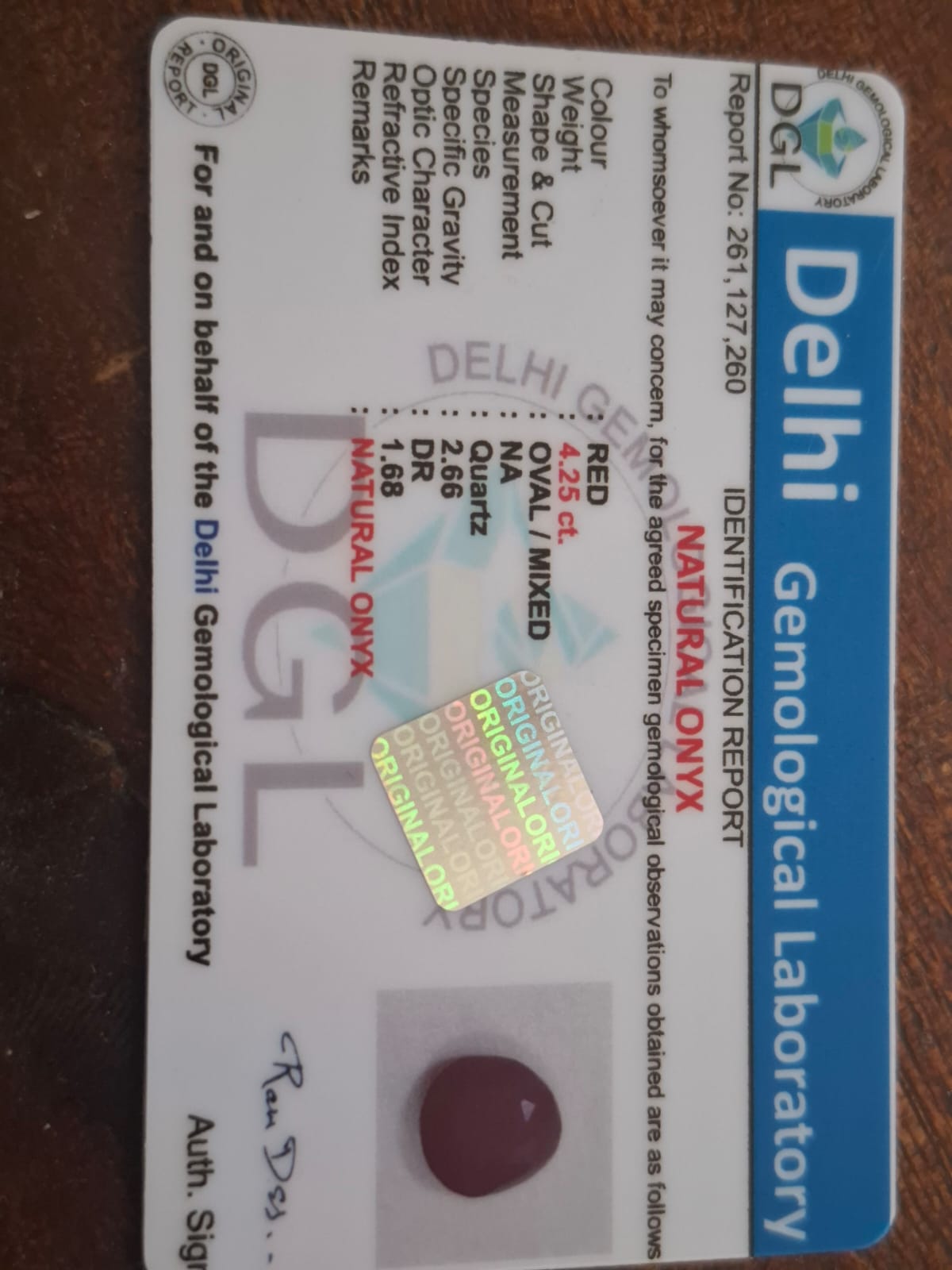 Red Onyx Certificate