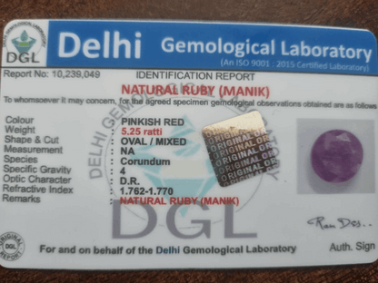 Ruby Stone | Manik Stone | Untreated and Unheated | 5.25 Ratti | Certificate