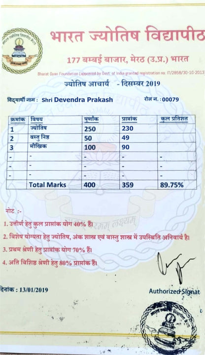 Senior Vedic Astrologer – Acharya Shiv Sahay Certificate