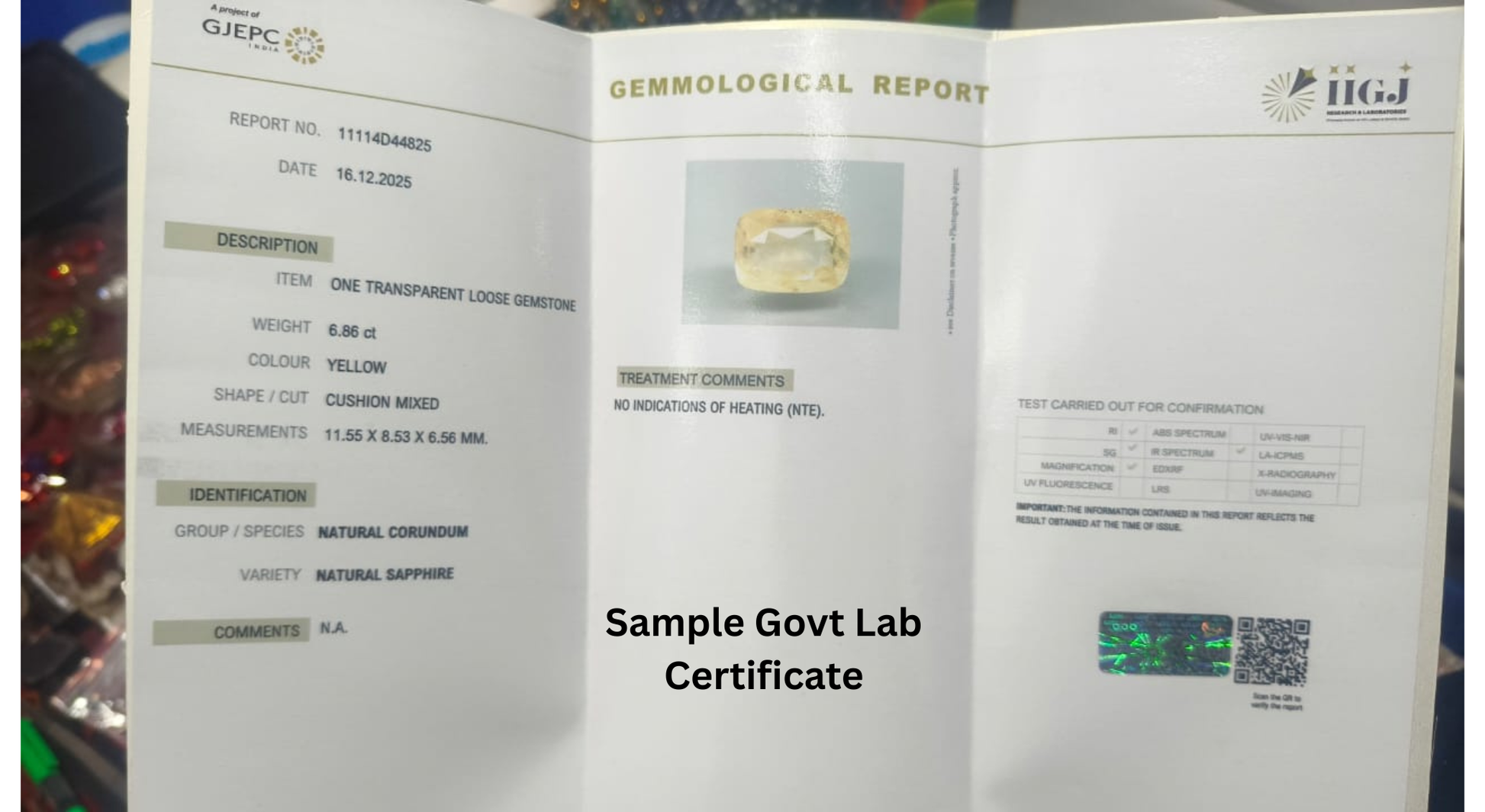 Sri Lankan Yellow Sapphire Certificate