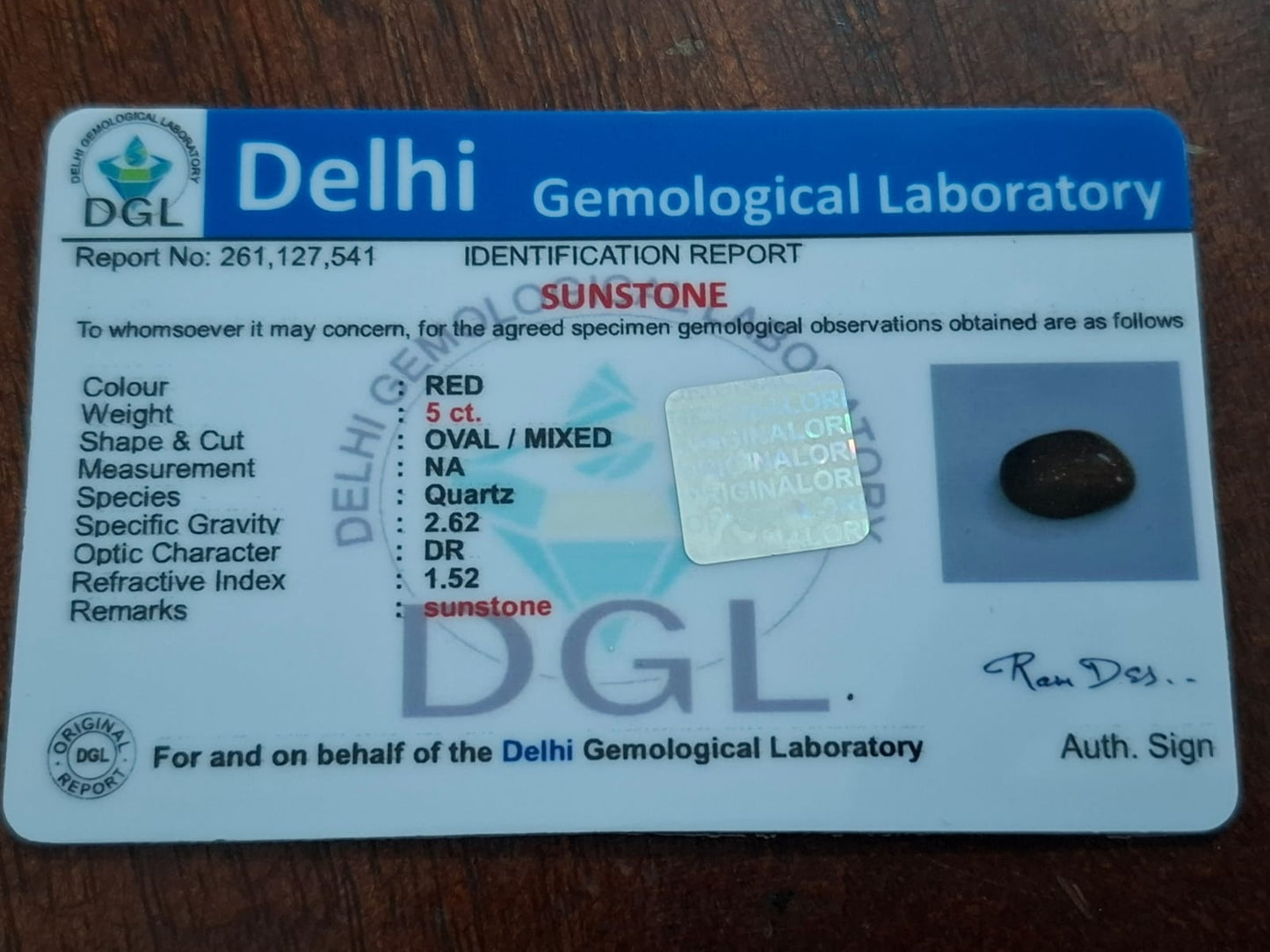 Sunstone 5 carat certificate