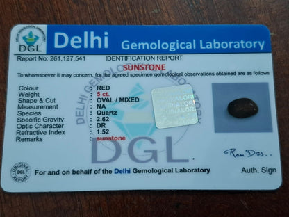 Sunstone 5 carat certificate