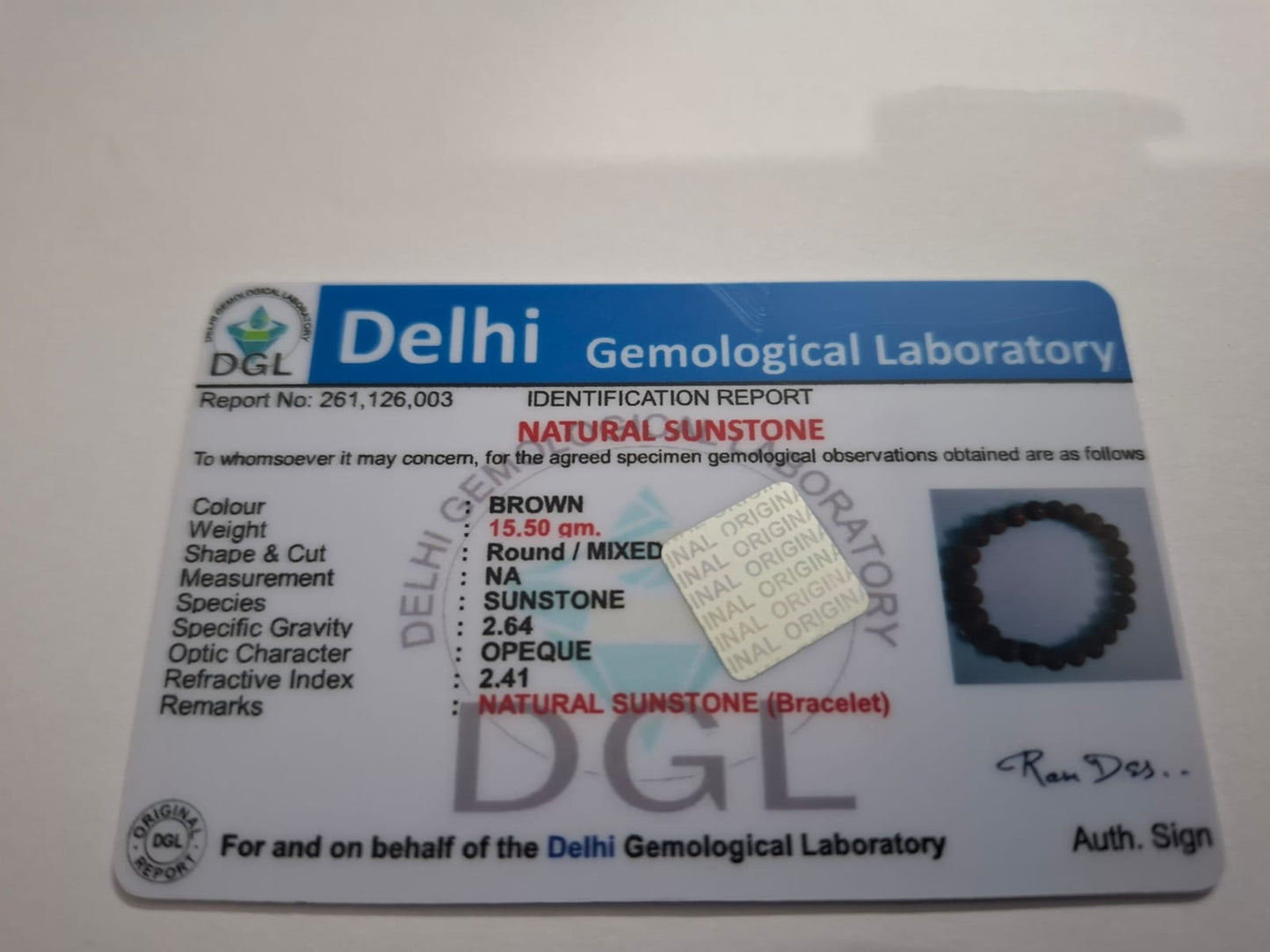 Sunstone Bracelet  Certificate