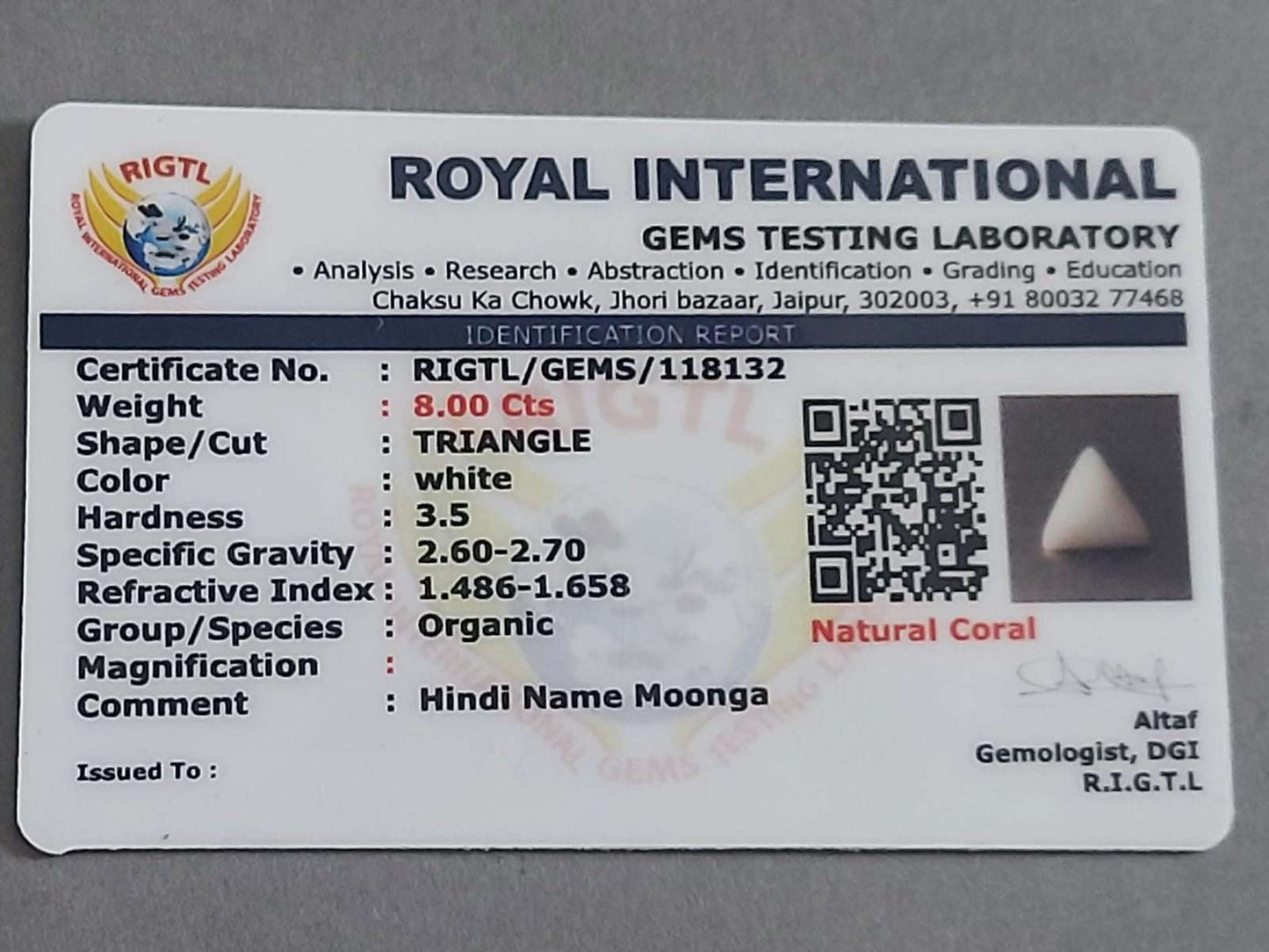 White coral certificate | Triangle | 8 carat