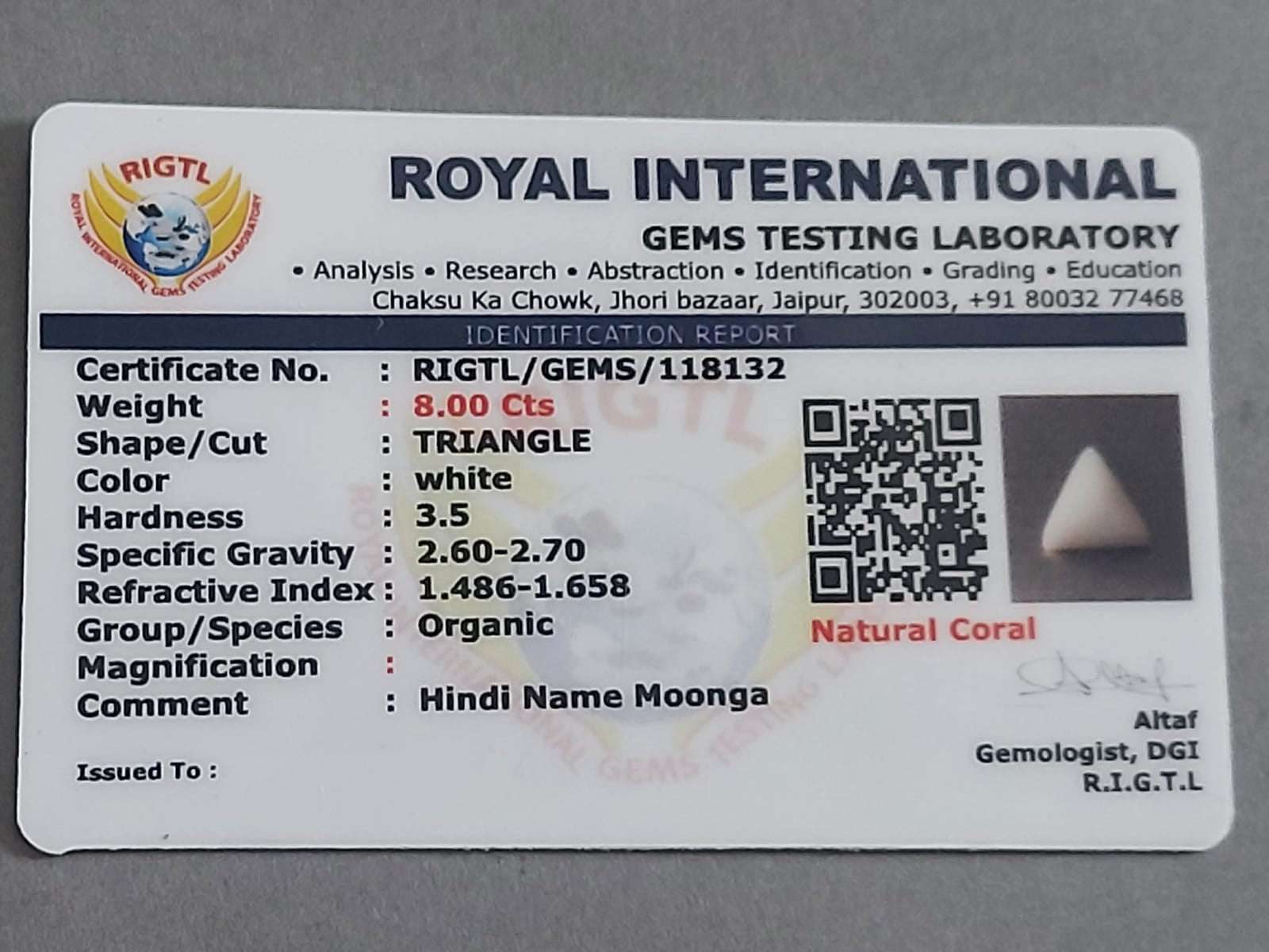 White coral certificate | Triangle | 8 carat