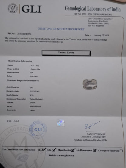 White Zircon Stone | Safed Jarkan | Lab Certificate