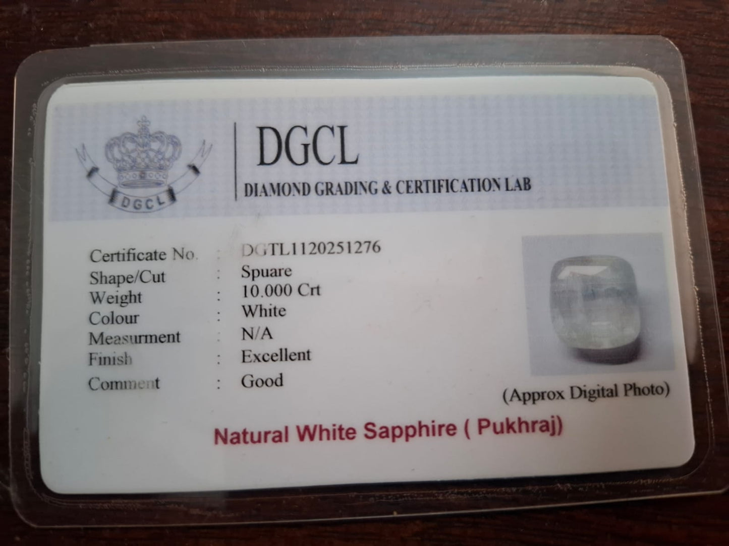 White sapphire certificate 10 carat