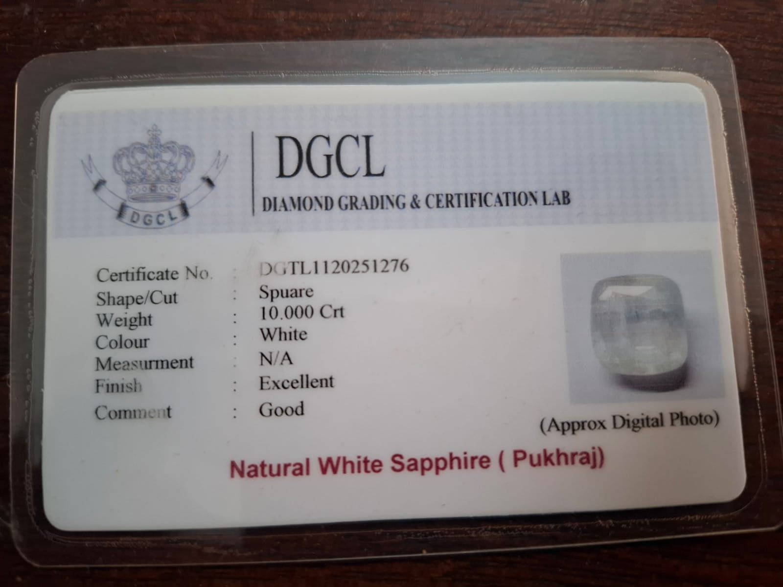 White sapphire certificate 10 carat