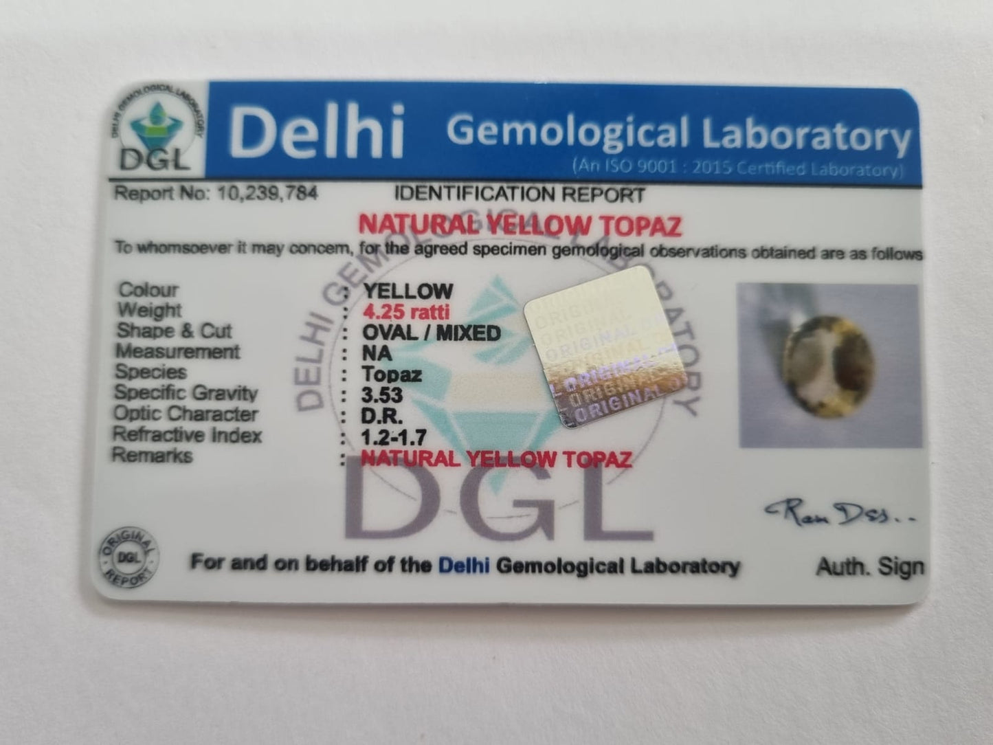 Yellow Topaz Certificate | 4.25 Ratti