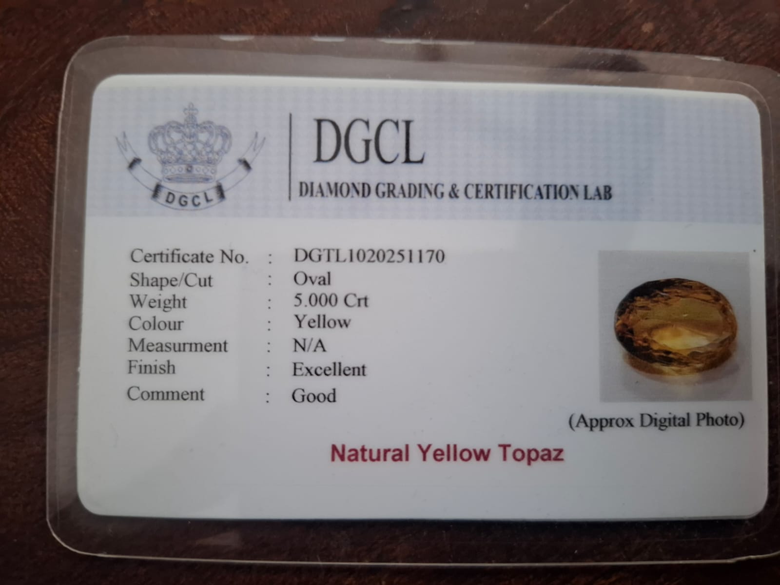 Yellow Topaz Certificate 5 carat
