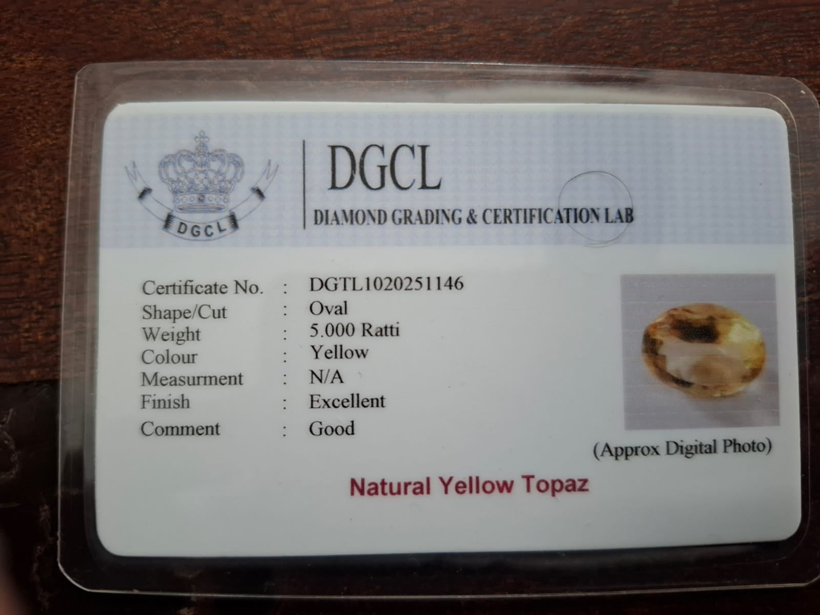 Yellow Topaz Certificate 5 ratti
