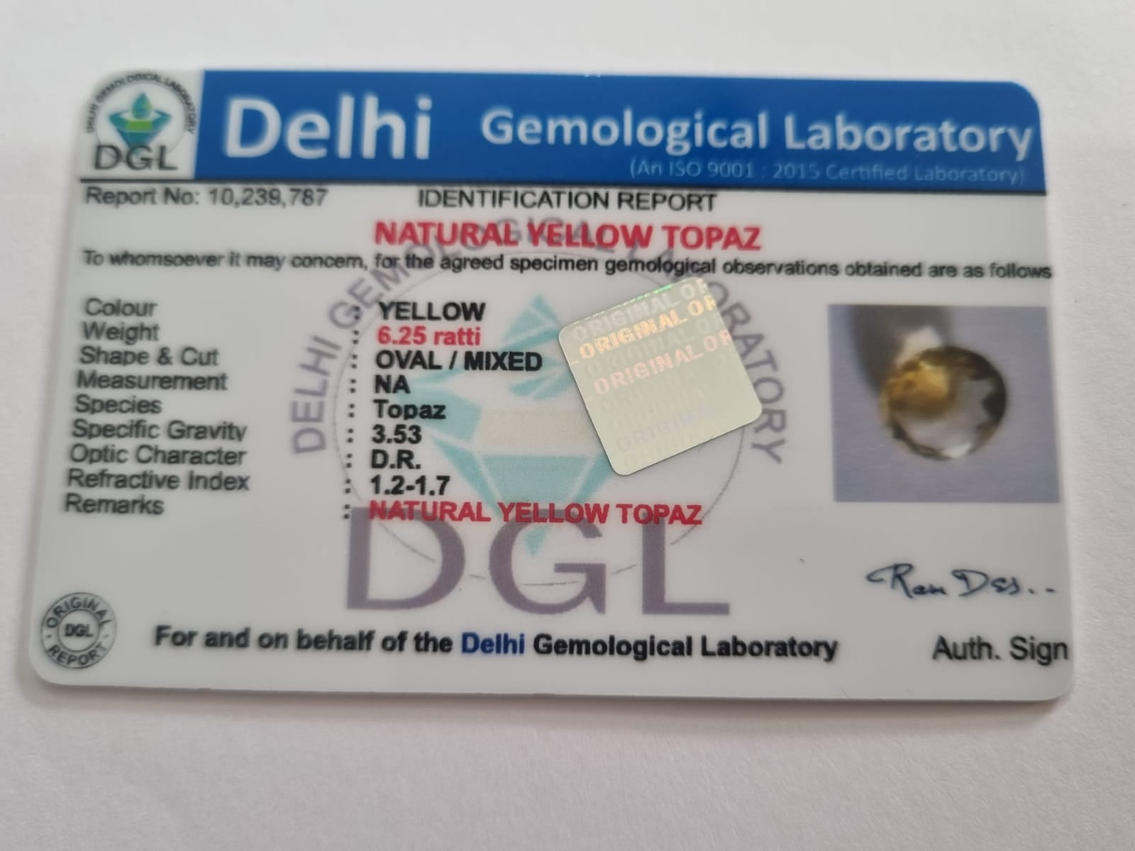 Yellow Topaz Certificate | 6.25 Ratti