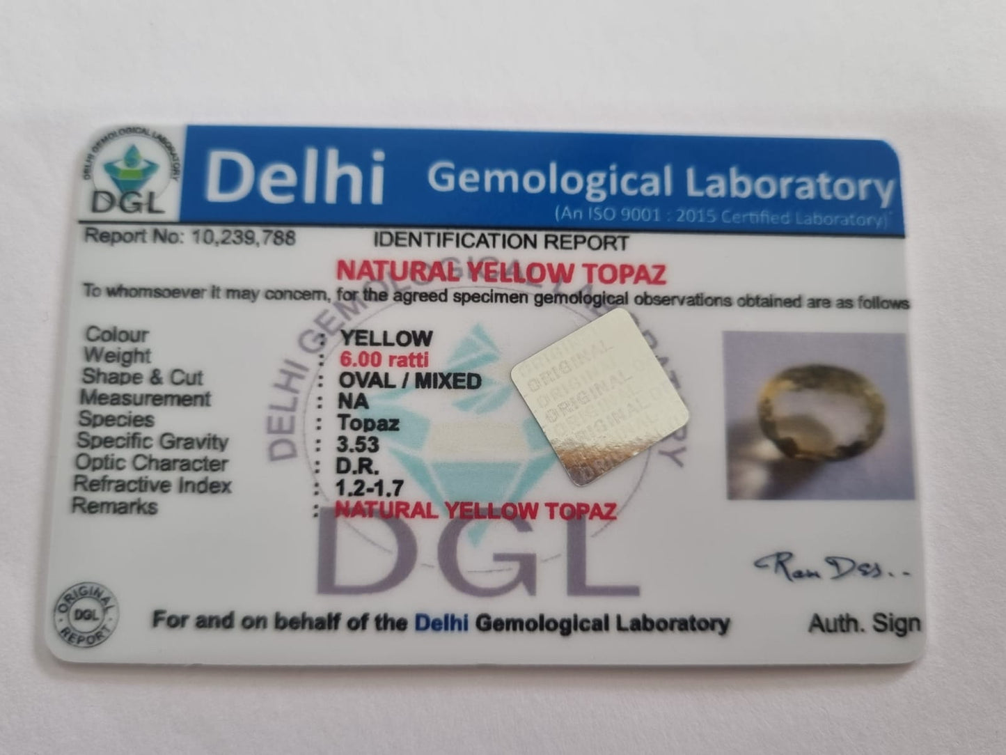 Yellow Topaz Certificate | 6 Ratti