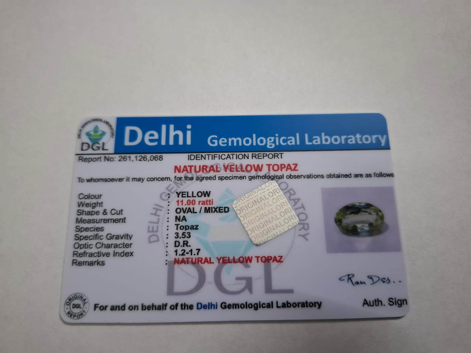 Yellow Topaz stone | 11 Ratti | Certificate