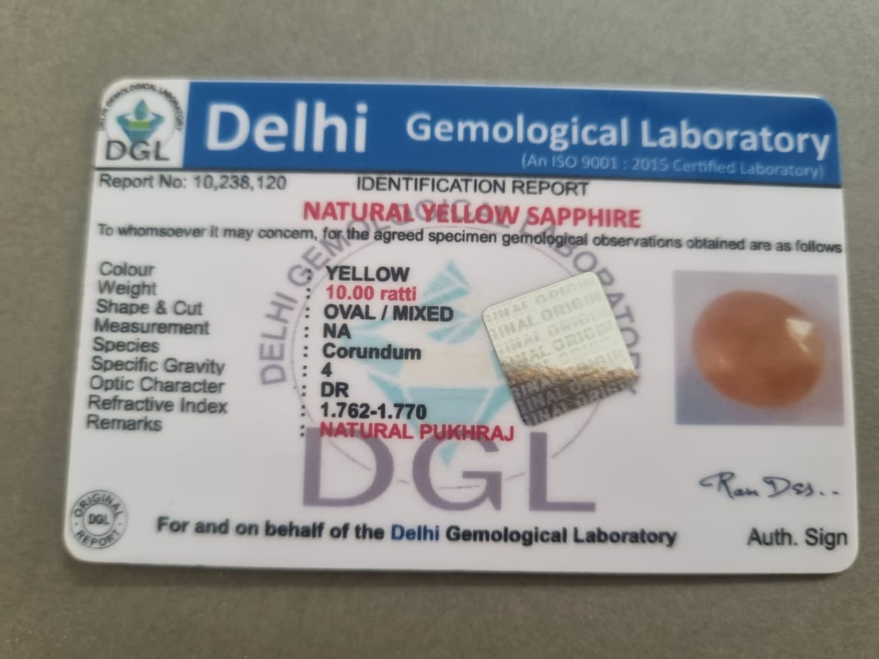yellow sapphire certificate | 10 ratti